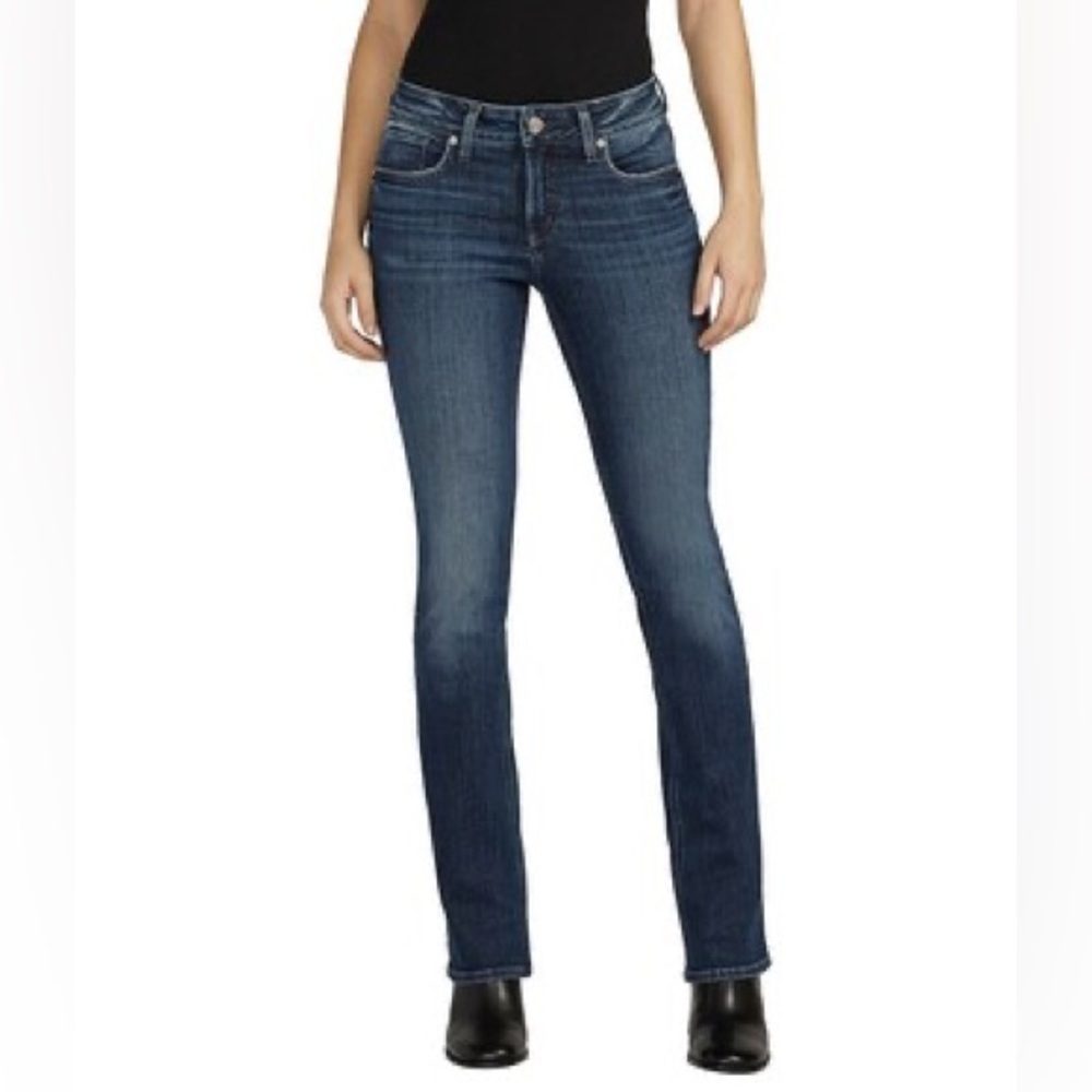 Silver Jeans Co “Elyse” Dark Wash Mid Rise Slim Boot Cut Jeans W/ Raw Hem Sz 28